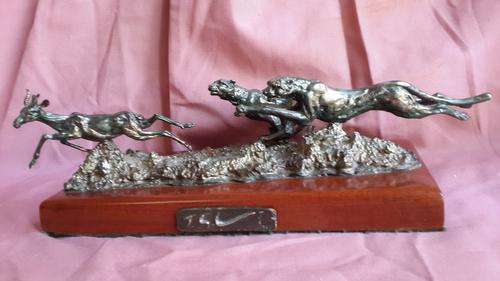 Bronze Chasing Cheetahs and Springbok on Signed Varnished Wooden stand 1960s