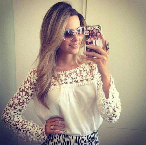 White Chiffon Top with lace sleeves [Large]