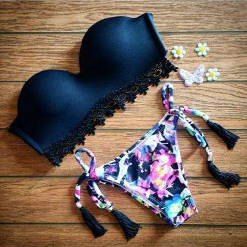 ON SALE ~ Bikini Black Top & Floral Bottom [Small]