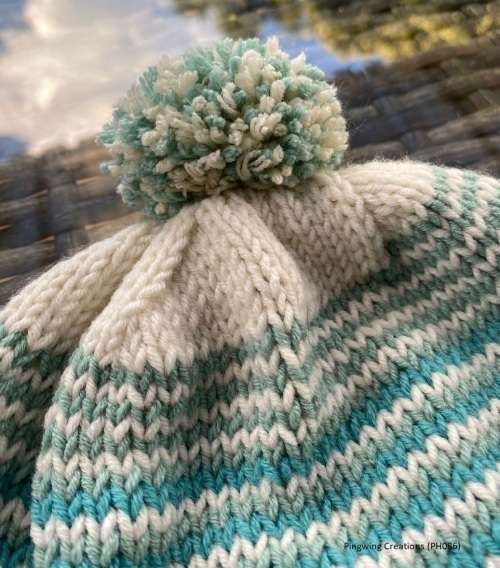 Hand Knitted Beanie (Shades of Cream, Turquoise and Green)