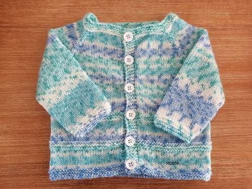 Baby Cardigan Turquoise, Blue and White Hand Knitted