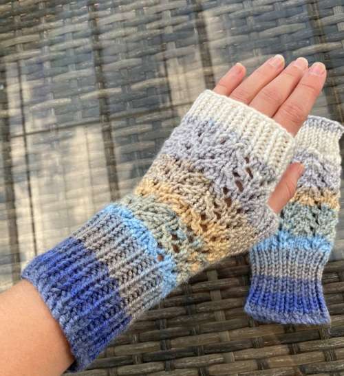 Fingerless Gloves Lacey (Shades of Blue, Grey & Cream) Knitted