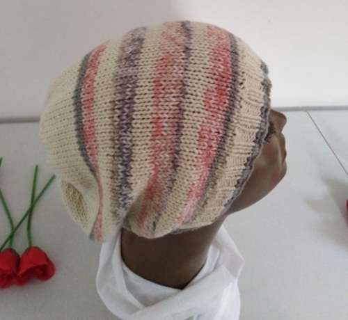 Beanie Slouchy Hand Knitted (Cream, Orange & Grey)