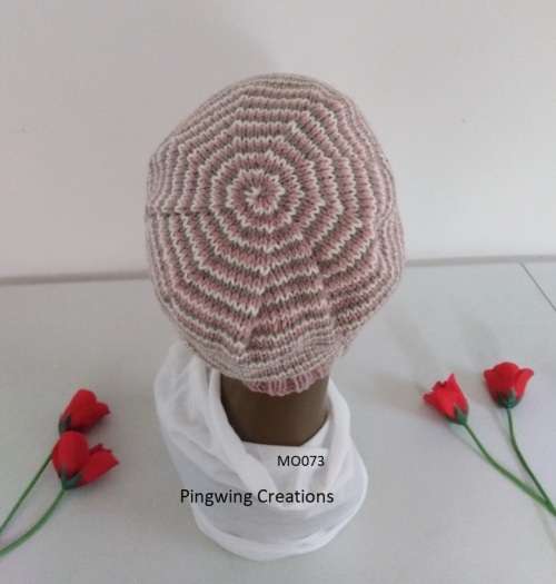 Beanie Slouchy (Pink, Grey & Cream Stripes) Hand Knitted