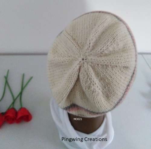 Beanie Slouchy Hand Knitted (Cream, Orange & Grey)