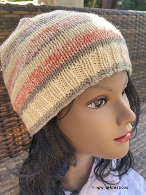 Beanie Slouchy Hand Knitted (Cream, Orange & Grey)