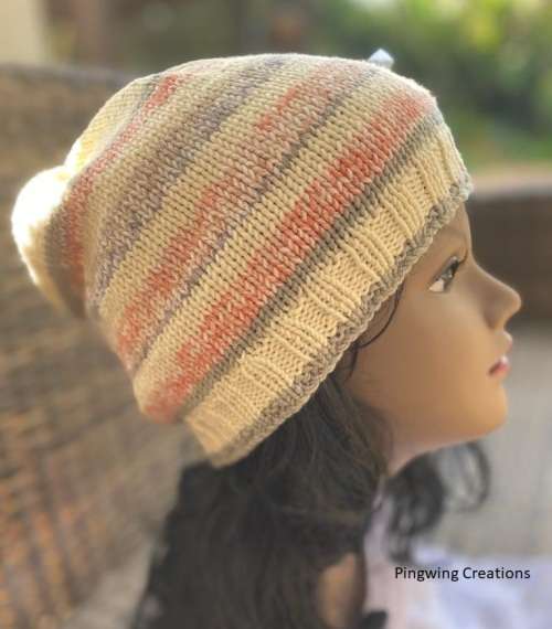 Beanie Slouchy Hand Knitted (Cream, Orange & Grey)