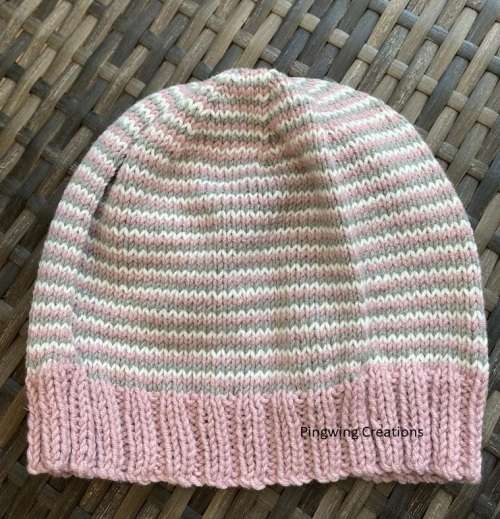 Beanie Slouchy (Pink, Grey & Cream Stripes) Hand Knitted