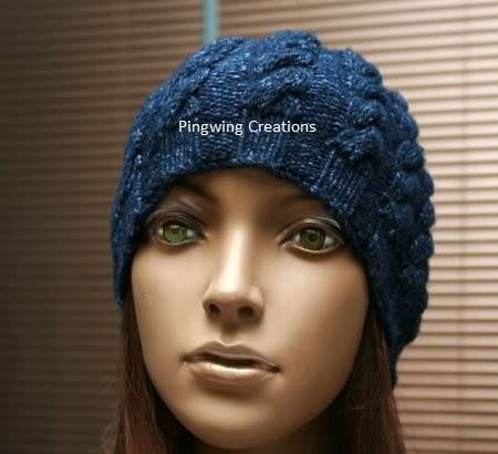 Beanie with Cables Navy Blue Hand Knitted
