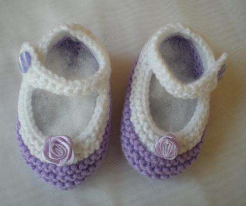 Mary Jane Booties ~ 0-6 Months ~ Lavender and White with Lavender Roses