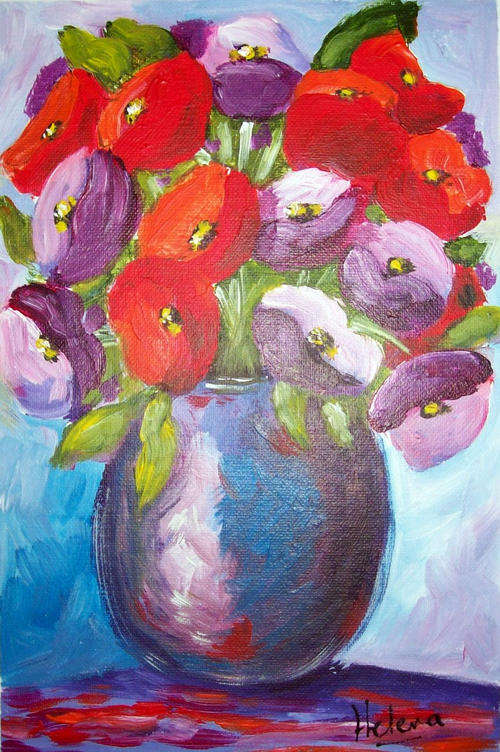 Red and mauve poppies - 200x300mm - by HELENA KRUGER