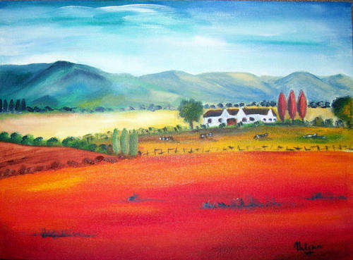 Farm against the hills - 350x380x20mm - acrylic painting by  HELENA KRUGER