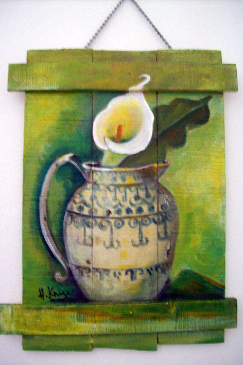 One Arum - 310x470 - RUSTIC painting  acrylic on wood - by Helena Kruger