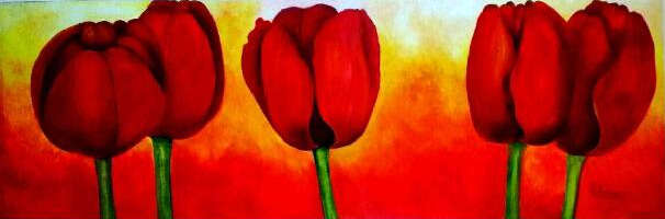 Red abundant tulips - 600x1500x44mm - acrylic by Helena Kruger