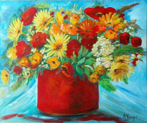 Red country flowers - large original painting - Crazy R1!!!!!!!!!!!!!! No Reserve!