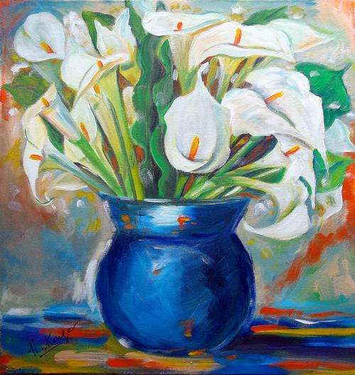 Arums in blue pot - original Helena Kruger - 500x550mm