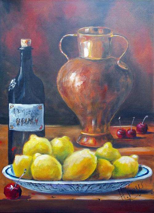 Original Helena Kruger(1957- )  - Lemons with wine - 560x760mm