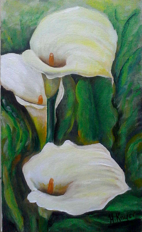 Three arums - Original Acrylic by HELENA  - 300x500x22mm - can be hung as is