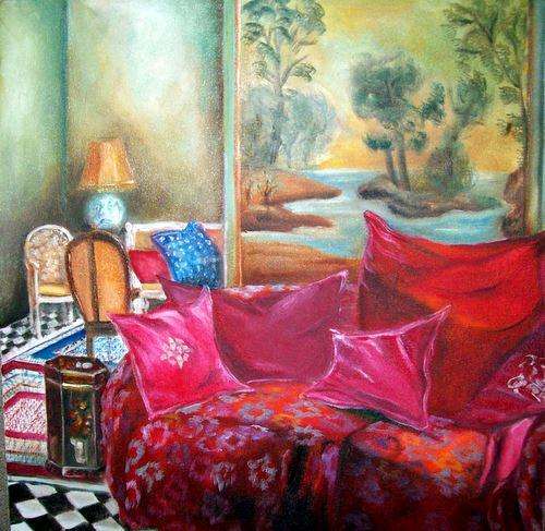 The red couch - oil on blocked stretched canvas - 60x60x4.4cm -by Helene Kruger