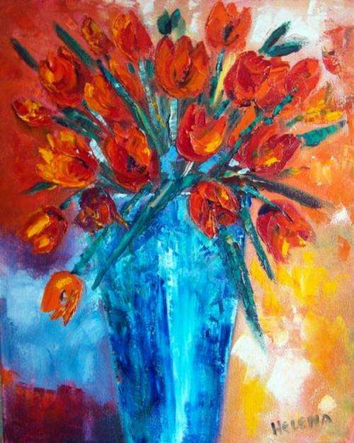 Orange Red Tulips - 410x510x44mm - oil on blocked stretched canvas - by Helene Kruger