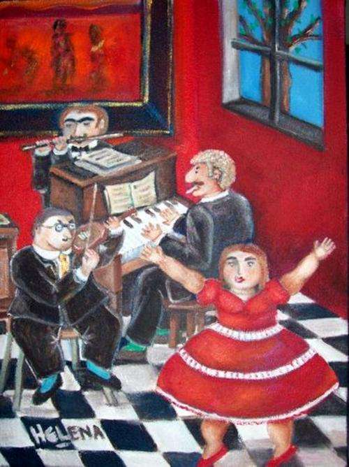 Musical evening - Naive oil - 300x420x22 - blocked stretched canvas - by Helene Kruger