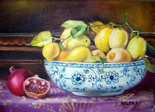 Lemons and pomegranates - 300x420x22mm - oil on blocked stretched canvas - by Helene Kruger