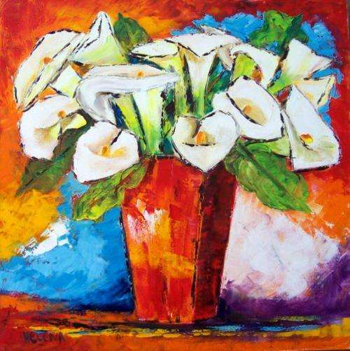 Arums for Mum - 500x500x44mm - oil on blocked stretched canvas - by Helene Kruger