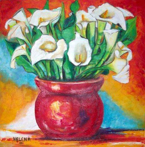 Arums in red vase - 500x500x44mm - oil on blocked stretched canvas - by Helene Kruger
