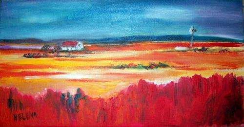 Karoo landscape(2)  - oil on 180x340mm board - unframed - by Helene Kruger