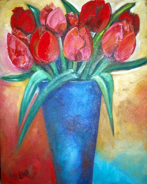 Red Tulips - 400x500x44mm - oil on stretched canvas - by Helene Kruger