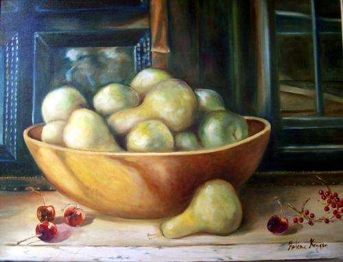 Pears and cherries - 700x900x22mm -  oil on blocked canvas - by Helena Kruger
