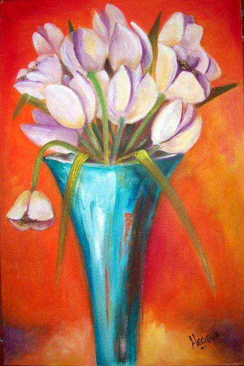 White-mauve tulips - 400x600mm -  oil on canvas board - by Helena Kruger