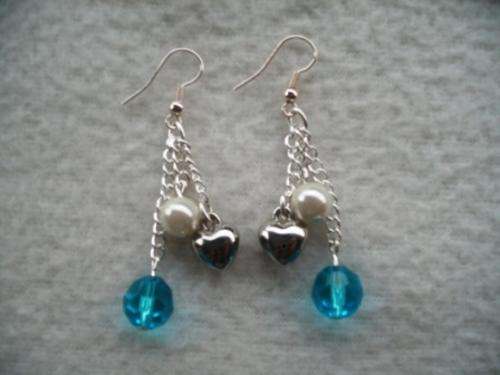 **st patricks special** AQUA glass and PEARL bead, HEART charm EARRINGS **