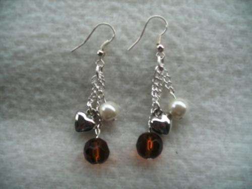**st patricks special** BROWN glass and PEARL bead, HEART charm EARRINGS **