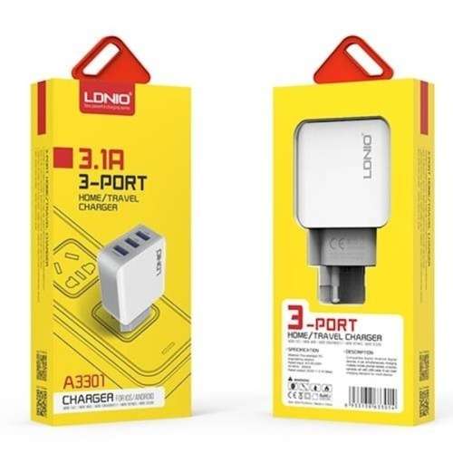 LDNIO 3-Port USB 3.1A Home and Travel Charger for iOS and Android Devices