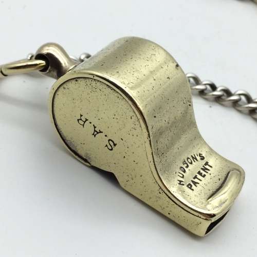 Antique Solid Silver Fob Chain with a S.A. Railways Brass `ACME THUNDERER` Whistle
