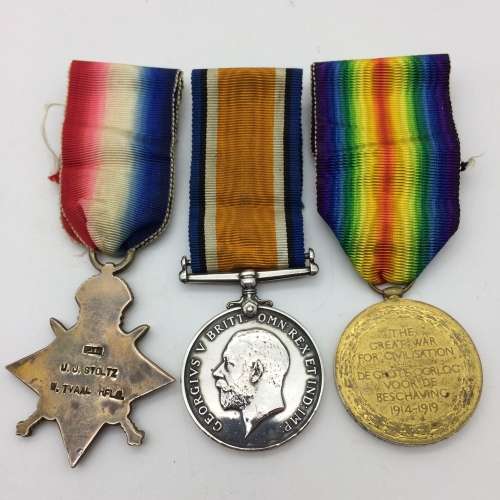 South Africa - WW1 Medal Trio - `PTE. J.J. STOLTZ. - W. TVAAL. RFLS and 1st S.A.I.`