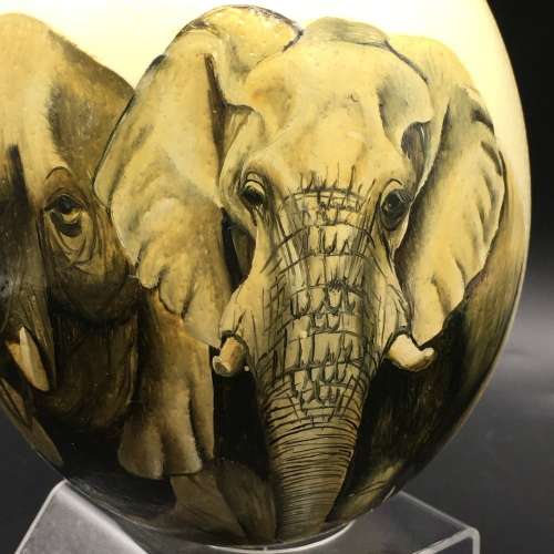 Hand-Painted `Elephant` Ostrich Egg (Signed)