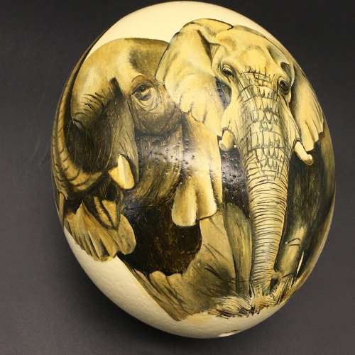 Hand-Painted `Elephant` Ostrich Egg (Signed)