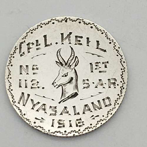 Scarce `POW/Trench Art` Silver Coin (1st S.A. Rifles Nyasaland 1916) (for Hans)