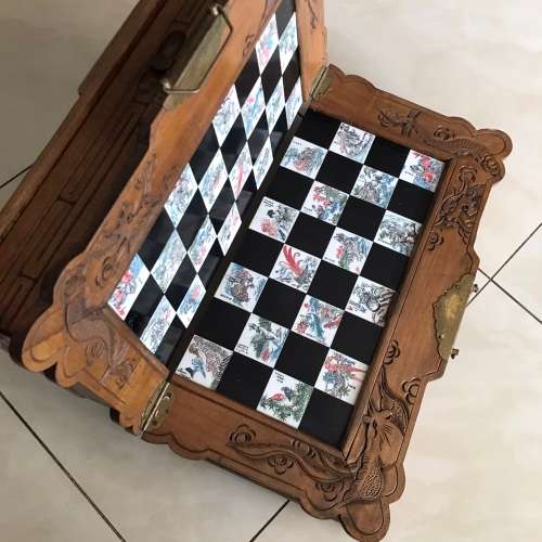 Vintage Oriental Wood Carved Chess Board/Case (Folding with Draws)