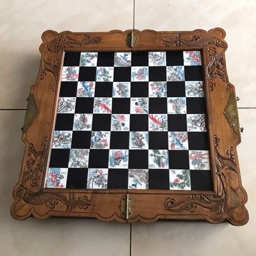 Vintage Oriental Wood Carved Chess Board/Case (Folding with Draws)