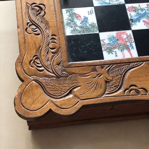 Vintage Oriental Wood Carved Chess Board/Case (Folding with Draws)