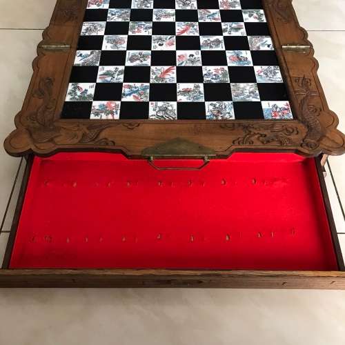 Vintage Oriental Wood Carved Chess Board/Case (Folding with Draws)