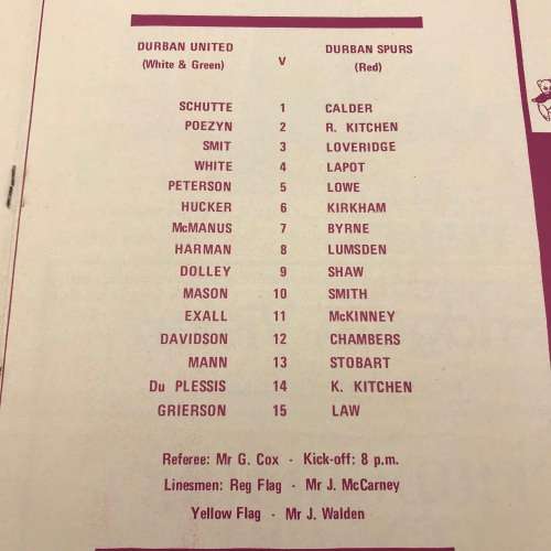 1969 Soccer Program - Durban United VS Durban Spurs` Brochure
