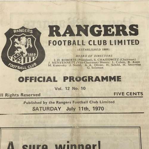 1970 Soccer Program - Rangers VS East London City` Official Program