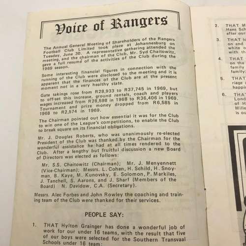 1970 Soccer Program - Rangers VS East London City` Official Program