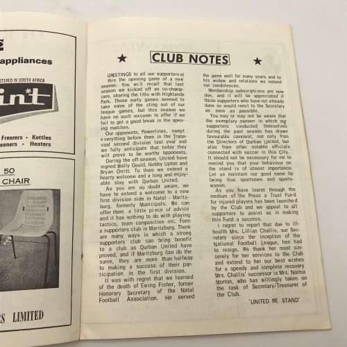 1968 Soccer Program - `Durban United VS Powerlines F.C.` Official Program