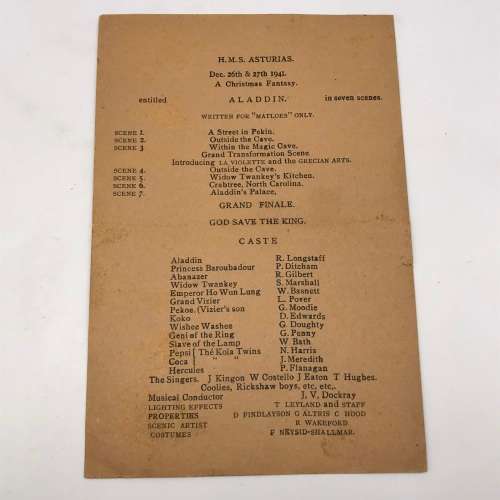 Ships - 1941 `H.M.S ASTURIAS` Programme for `ALADDIN`