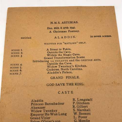 Ships - 1941 `H.M.S ASTURIAS` Programme for `ALADDIN`